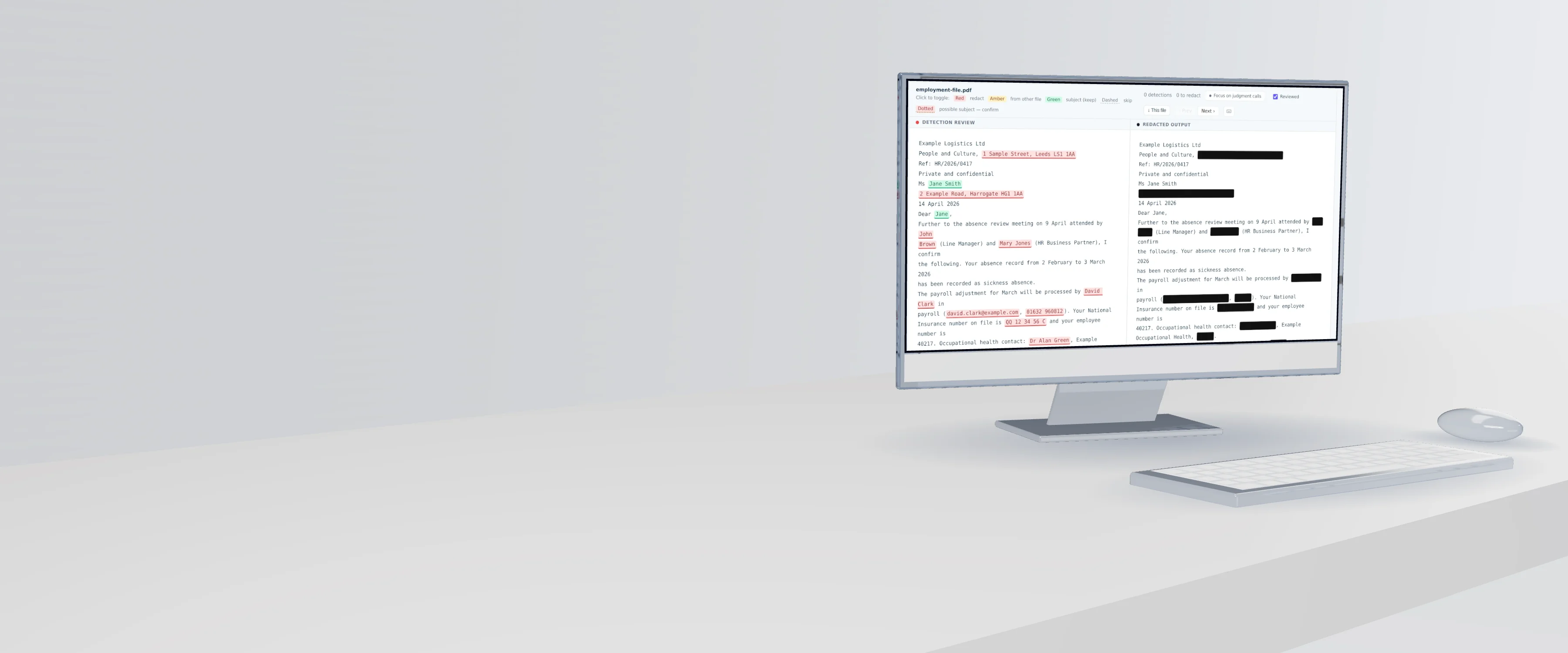 A rendered glass display on a desk showing the SafeRedact review screen for a sample HR letter: third-party names and addresses marked for redaction, the requester's own name kept, and the redacted output beside it